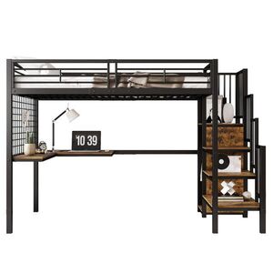 Modfu POSCHODOVÁ posteľ z kovu a drevotriesky 90x200 cm čierna s tmavými drevenými prvkami, stolom a šatníkovou skriňou vyobraziť