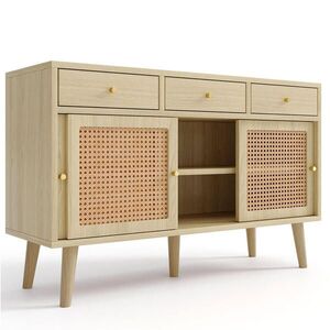 Modfu KOMODA z MDF 120x40x78 cm dubová s 3 zásuvkami, 3 dvierkami, nastaviteľnými policami a ratanovým dekorom vyobraziť