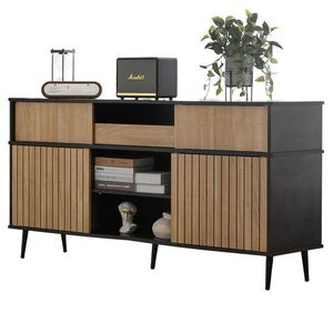 Modfu KOMODA z drevotriesky 160x40x80 cm čierna a prírodná s posuvnými dvierkami, zásuvkou a ochranou proti prevráteniu vyobraziť