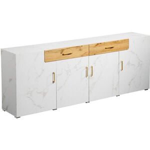 Modfu KOMODA z drevotriesky a PVC 208x39, 5x80 cm biela s 4 dvierkami a 2 zásuvkami, veľkým úložným priestorom vyobraziť