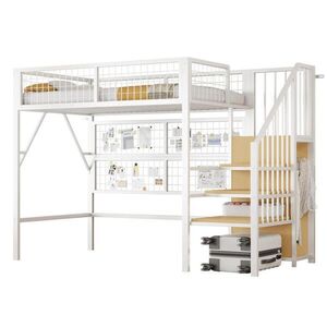 Modfu VYVÝŠENÁ posteľ z kovu a MDF 90x200 cm čierno-biela s LED osvetlením, schodmi a úložným priestorom vyobraziť