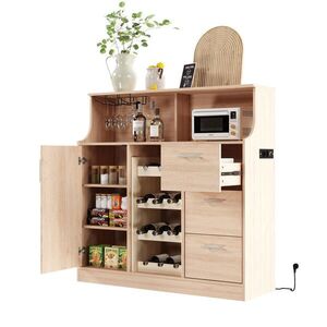 Modfu KOMODA z MDF 120x40x121 cm prírodná/biela s LED osvetlením, zásuvkami, držiakom na poháre a vinotékou vyobraziť