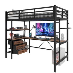 Modfu VYVÝŠENÁ posteľ z kovu a MDF 90x200 cm čierna s LED osvetlením, stolom, USB a 3 zásuvkami vyobraziť