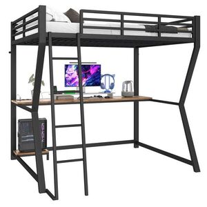 Modfu VYVÝŠENÁ posteľ z kovu a MDF 140x200 cm čierna s LED osvetlením, písacím stolom, USB, zásuvkou a schodmi vyobraziť