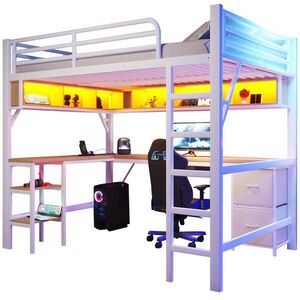 Modfu VYVÝŠENÁ posteľ z kovu a MDF 140x200 cm biela s pracovným stolom, policami, skrinkou, USB a LED osvetlením vyobraziť