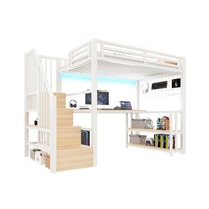 Modfu VYVÝŠENÁ posteľ z kovu a MDF 90x200 cm biela s LED osvetlením, písacím stolom, úložnými schodmi a USB vyobraziť