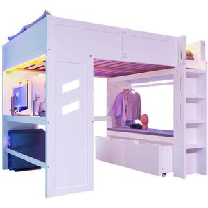 Modfu VYVÝŠENÁ posteľ z borovicového dreva 140x200 cm biela s LED osvetlením, stolom, USB-C a 2 zásuvkami vyobraziť