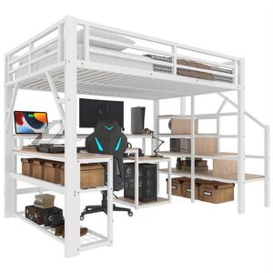 Modfu VYVÝŠENÁ posteľ z kovu 140x200 cm biela s LED osvetlením, USB portom, písacím stolom a úložnými schodmi vyobraziť