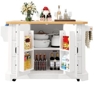 Modfu KUCHYNSKÝ vozík z MDF 120x45x91 cm biely na kolieskach so 6 zásuvkami, 2 dvierkami a pracovnou doskou v dekore dreva vyobraziť