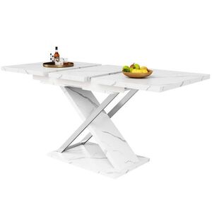 Modfu JEDÁLENSKÝ rozkladací stôl z MDF a kovu 157x75x76, 4 cm biely s mramorovým dekorom, krížovými nohami a uzamykateľným výsuvom vyobraziť