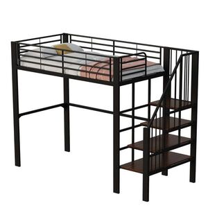 Modfu VYVÝŠENÁ posteľ z kovu a dreva 90x200 cm čierna s úložným priestorom a schodmi, stabilná konštrukcia vyobraziť