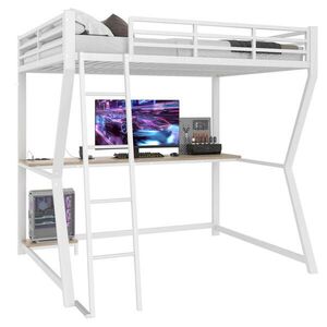 Modfu VYVÝŠENÁ posteľ z kovu a MDF 140x200 cm biela s LED osvetlením, pracovným stolom a USB portmi vyobraziť