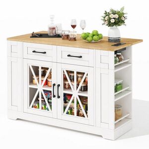 Modfu KUCHYNSKÝ ostrovček z MDF 120x65x92 cm biela/prírodná s výklopným stolom, AC a USB, na kolieskach vyobraziť