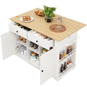 Modfu KUCHYNSKÝ ostrovček z MDF a kovu 151, 5x91, 7x59, 7 cm bielo-prírodný so zásuvkami, sklopnou doskou a kolieskami vyobraziť