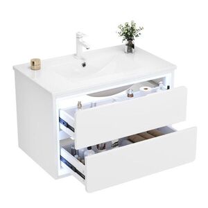 OKWISH ZÁVESNÁ kúpeľňová skrinka 76/46/48, 5 cm biela z MDF s keramickým umývadlom, LED senzorom a 2 zásuvkami vyobraziť