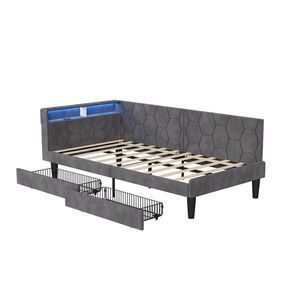 EuroLiving ČALÚNENÁ posteľ 90x200 cm denná posteľ s 2 zásuvkami, LED a USB, jednolôžko s úložným priestorom v čele, sivá vyobraziť