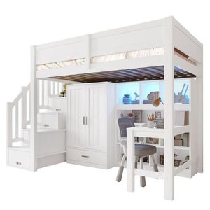 STILVORA VYSOKÁ POSTEĽ 90/200 cm biela so stolom, regálom, skriňou, úložnými schodmi a LED vyobraziť