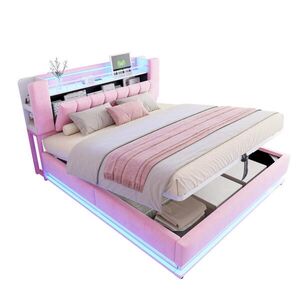 Modfu ČALÚNENÁ posteľ z MDF, kovu a látky 180x200 cm ružová s LED osvetlením, USB a hydraulickým úložným priestorom vyobraziť