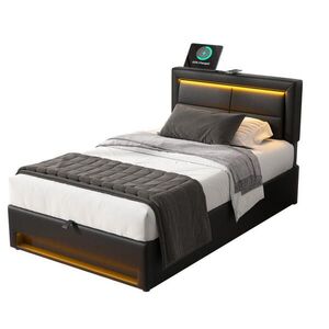 Modfu ČALÚNENÁ posteľ z PU 90x200 cm čierna s USB nabíjaním, LED osvetlením a úložným priestorom vyobraziť