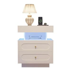 OKWISH NOČNÝ stolík 50/40/60 cm biely z drevotrieskovej dosky s LED osvetlením, 2 zásuvkami a otvorenou policou vyobraziť