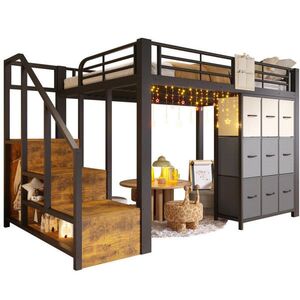 OKWISH VYSOKÁ posteľ 140/200 cm čierna/biela z MDF a kovu s úložnými schodmi, zásuvkami a vešiakovou tyčou vyobraziť