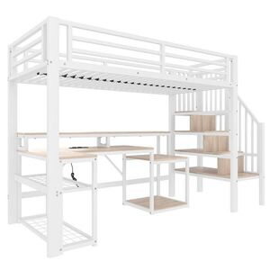 STILVORA VYSOKÁ POSTEĽ 90/200 cm biela so schodmi, úložným priestorom, regálom, stolom, LED a USB vyobraziť