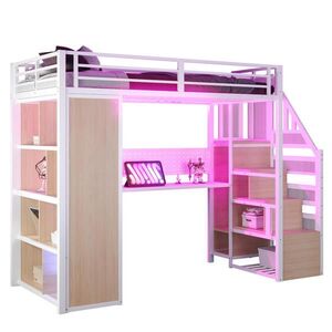OKWISH VYSOKÁ posteľ 90/200 cm biela z kovu a dreva s písacím stolom LED osvetlením a úložným priestorom vyobraziť
