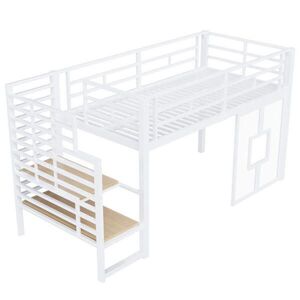 Modenvie VYVÝŠENÁ posteľ 90/200 cm z kovu a MDF biela, so schodmi, úložným priestorom a LED vyobraziť