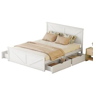 OKWISH MANŽELSKÁ posteľ 160/200 cm biela z borovice a MDF so 4 zásuvkami a čelom vyobraziť