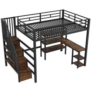 OKWISH VYSOKÁ posteľ 140/200 cm čierna z MDF a kovu s písacím stolom schodmi úložným priestorom LED a USB vyobraziť