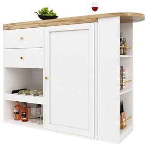 OKWISH BAROVÝ stôl 138/39/104 cm biely z MDF s otočným bočným regálom a 4 zásuvkami vyobraziť