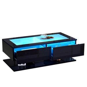 OKWISH KONFERENČNÝ stolík 100/50/35 cm čierny s LED osvetlením a 2 zásuvkami z drevotriesky a tvrdeného skla vyobraziť