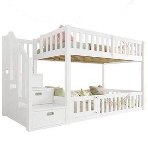 OKWISH POSCHODOVÁ posteľ 90/200 cm biela s úložnými schodíkmi a ochrannými zábranami z borovice a MDF vyobraziť