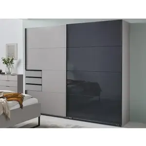 Šatníková skriňa so zásuvkami Tilburg, 225 cm, šedá sahara/čierne sklo% vyobraziť