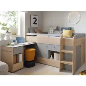 Zvýšená úložná posteľ so stolíkom Room 90x200 cm, dub biscuit/šedá% vyobraziť