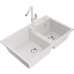 MEXEN/S - Tomas granitový drez 2-bowl vrátane batérie Flora, biela 6516-20-670401-02 vyobraziť