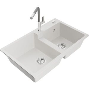 MEXEN/S - Tomas granitový drez 2-bowl vrátane batérie Flora, biela 6516-20-670401-06 vyobraziť