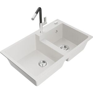 MEXEN/S - Tomas granitový drez 2-bowl vrátane batérie Flora, biela 6516-20-670401-07 vyobraziť