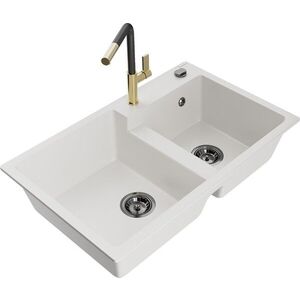 MEXEN/S - Tomas granitový drez 2-bowl vrátane batérie Flora, biela 6516-20-670401-57-B vyobraziť
