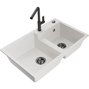 MEXEN/S - Tomas granitový drez 2-bowl vrátane batérie Flora, biela 6516-20-670401-70-B vyobraziť