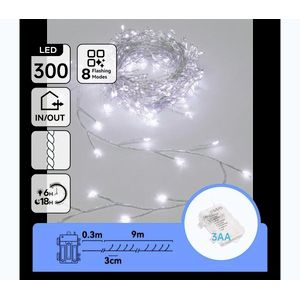 B.V. -LED Vonkajšia vianočná svetelná reťaz 300×LED/8 funkcií 3×AA 9, 3 m IP44 studená biela B103033WR vyobraziť