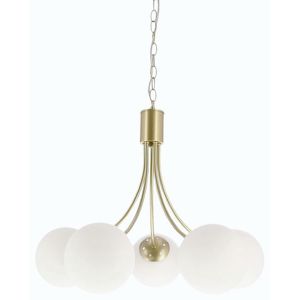 Mosadzná závesná lampa Dani 5x40W E14, biele tienidlo, elegantné stropné svietidlo do obývačky, klasický aj moderný štýl, päť svetelných bodov vyobraziť